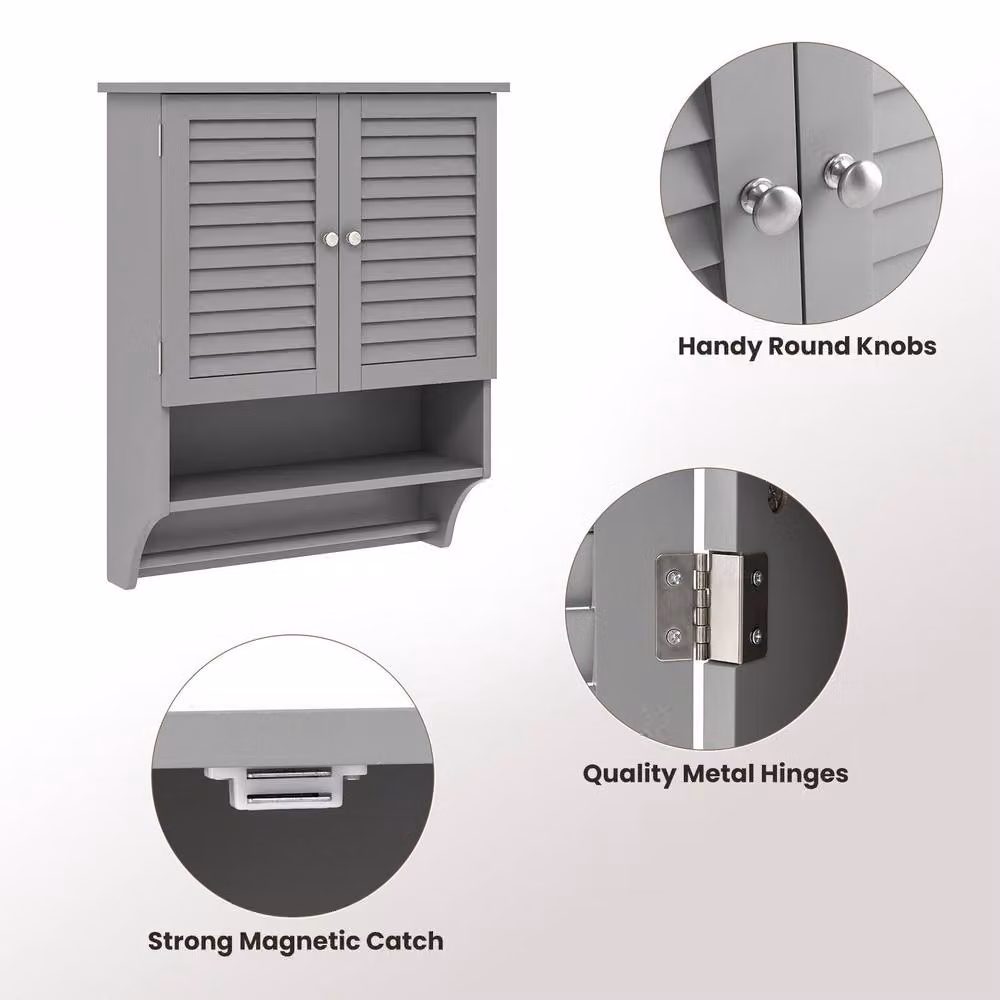 Costway Grey Wall Mounted Wooden Bathroom and Kitchen Medicine Cabinet with 2 Hinged Doors and Internal Shelves – 7