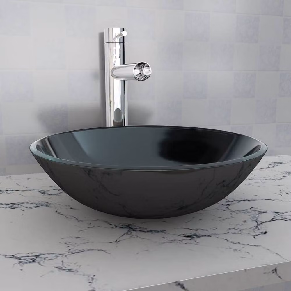 Berkfield Home Round Black Tempered Glass Countertop Basin, Diameter: 42 cm – 2