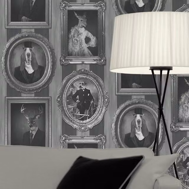 Muriva Framed Dogs Wallpaper in Black and Grey