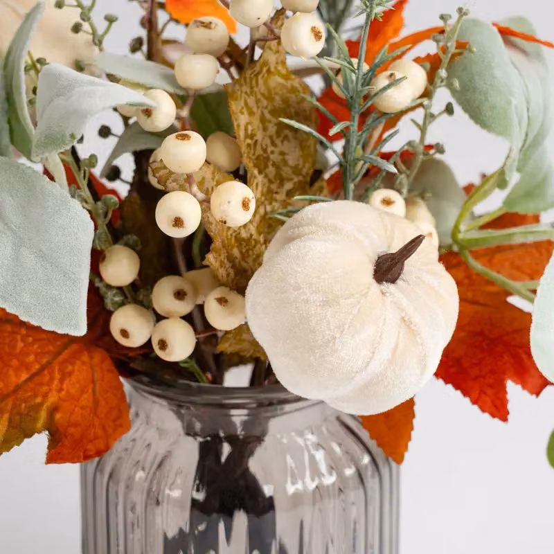 Scottish Everlastings Ltd Pumpkin Arrangement in Orange and Green Ribbed Glass Vase, Height: 33 cm – 2