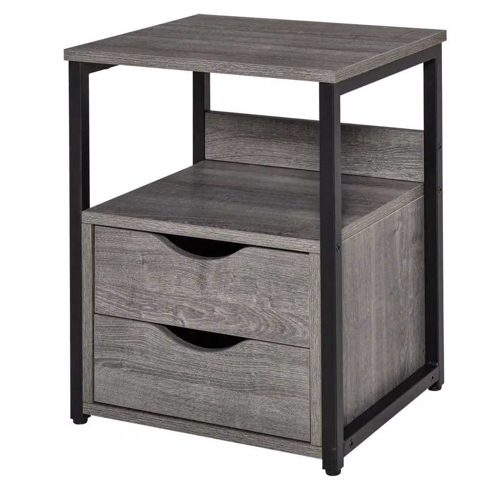 Pirlo Plush Industrial Bedside Table with 2 Drawers and Shelf, Grey and Black – 5