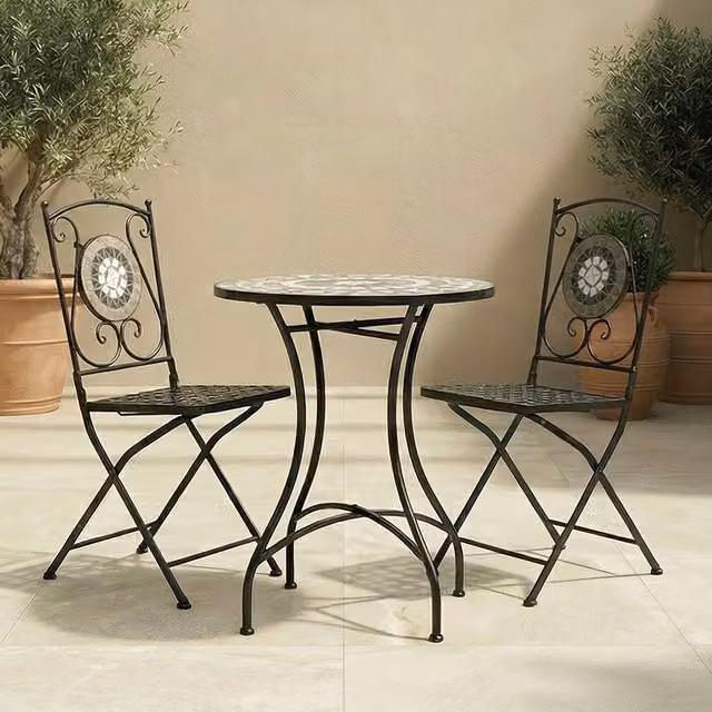 Charles Bentley 3 Piece Black and Grey Mosaic Bistro Set with Folding Chairs and Round Table for Garden and Outdoor Dining, W/D/H: 65 x 65 x 72 cm