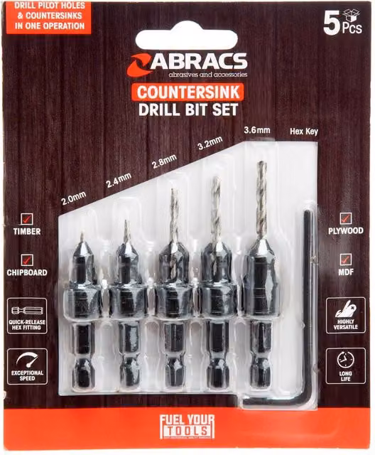 Abracs Expert Countersink Drill Bit Set, 5 Pack, Black – 1