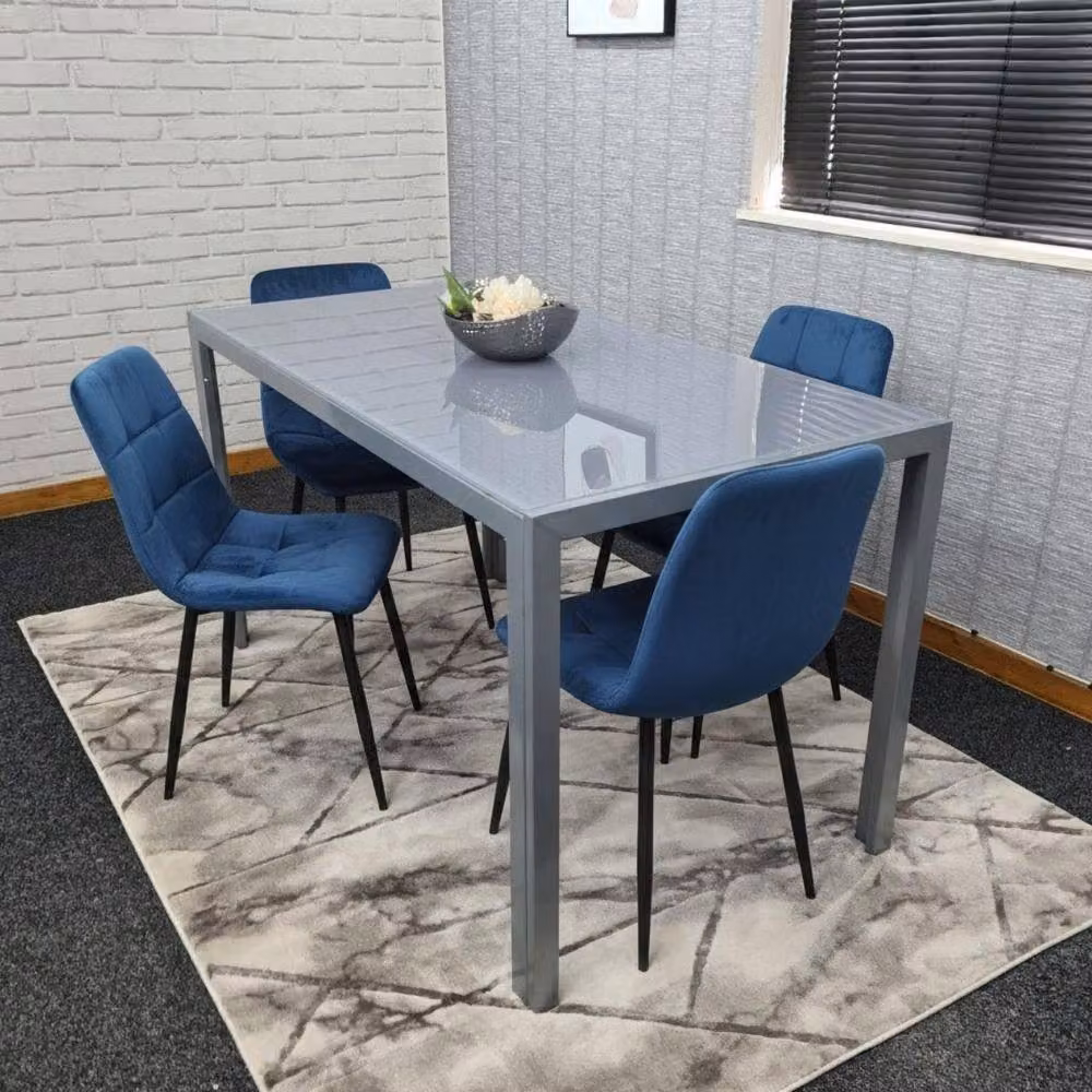 KOSY KOALA Modern Grey Glass Rectangular Dining Table Set with 4 Blue Velvet Chairs W/D/H: 120 x 70 x 75 cm – 2