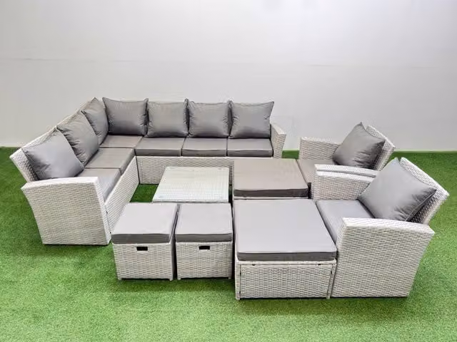 Fimous 12 Seater L-Shape Garden Corner Sofa Set with Coffee Table and 4 Footstools, Light Grey