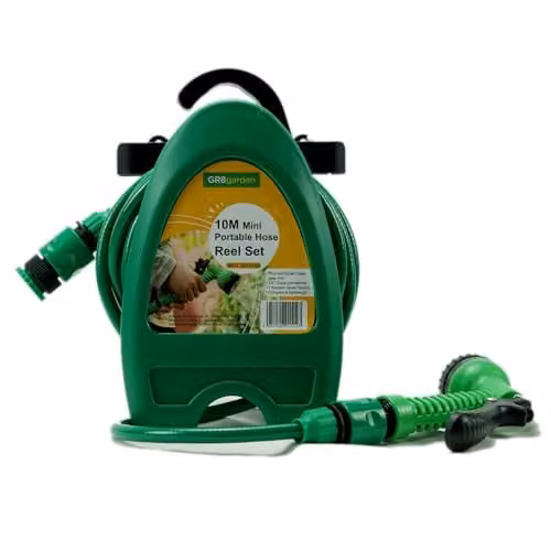 Gr8 Green Compact Portable Garden Hose Reel and Spray Gun Set with 10m Hose and Multi-Pattern Nozzle – 1