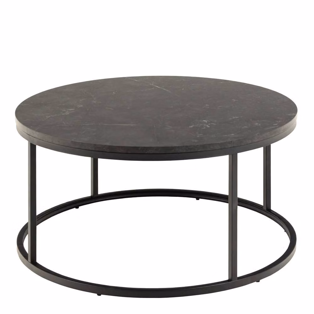 Wyld Haus Odense Round Black Marble Effect Coffee Table with Matte Black Metal Legs, Diameter: 80 cm, Height: 40 cm – 3