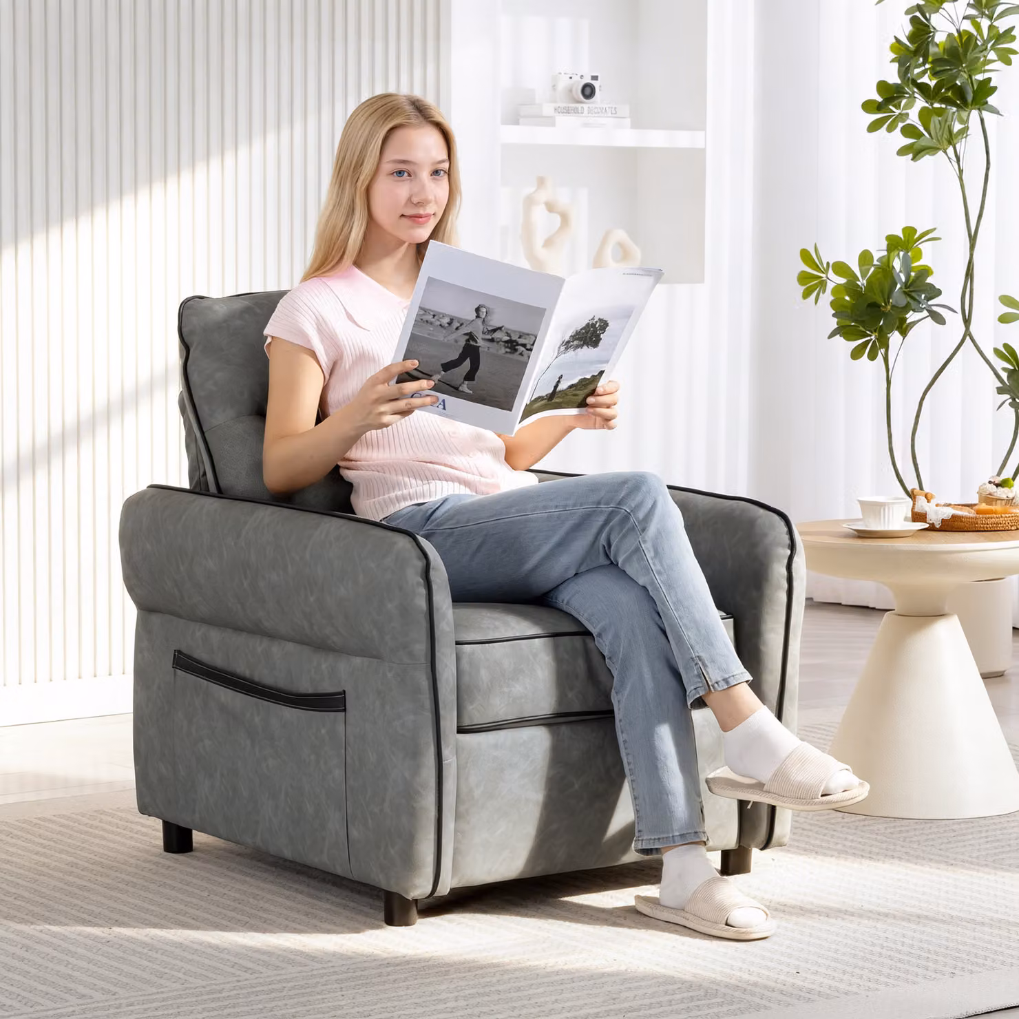 HOMCOM Grey Faux Leather Accent Armchair with Armrests – 2