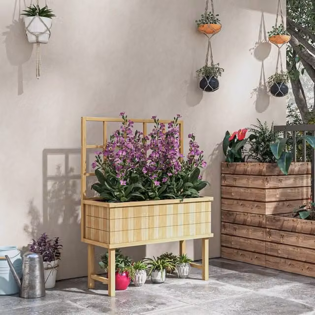Outsunny Raised Wooden Planter with Trellis and Drain Holes in Brown or Beige