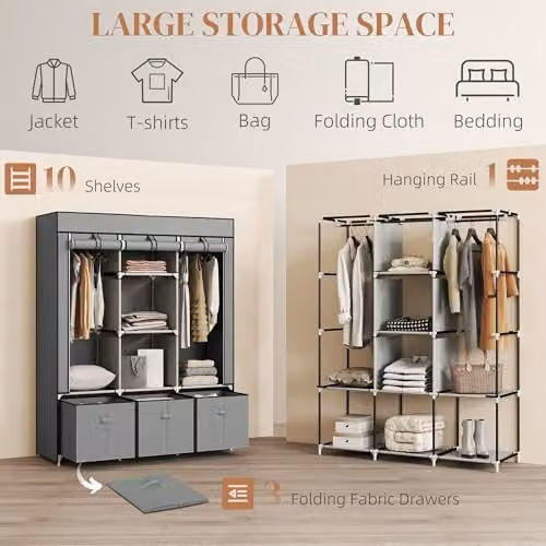HOMCOM Modern Fabric Wardrobe with Roll Shutter, Hanging Rod, Internal Shelves and Drawers, Grey, W/D/H: 125 x 43 x 162.5 cm – 3
