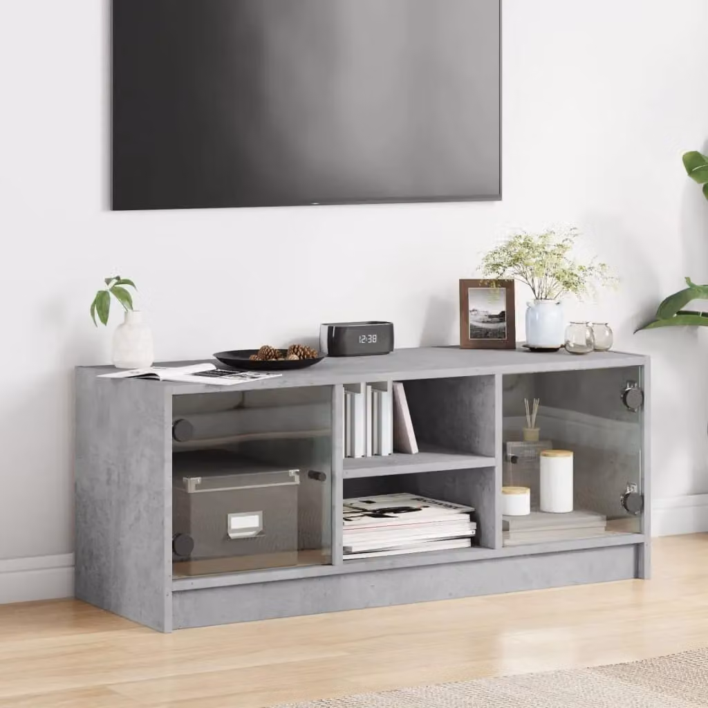 Berkfield Home Classic TV Cabinet in Concrete Grey with Glass Doors, W/D/H: 102 x 37 x 42 cm – 2