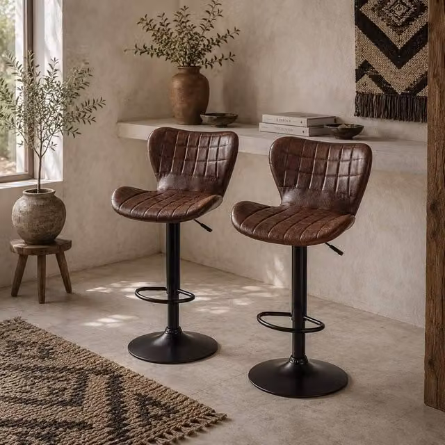 Wyld Haus Setora Set of 2 Brown Faux Leather Adjustable Swivel Bar Stools with Backrest