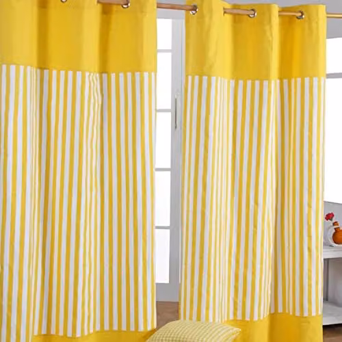HOMESCAPES Yellow Striped Eyelet Curtain Pair, 100% Cotton, W/D/H: 117 x 117 x 137 cm