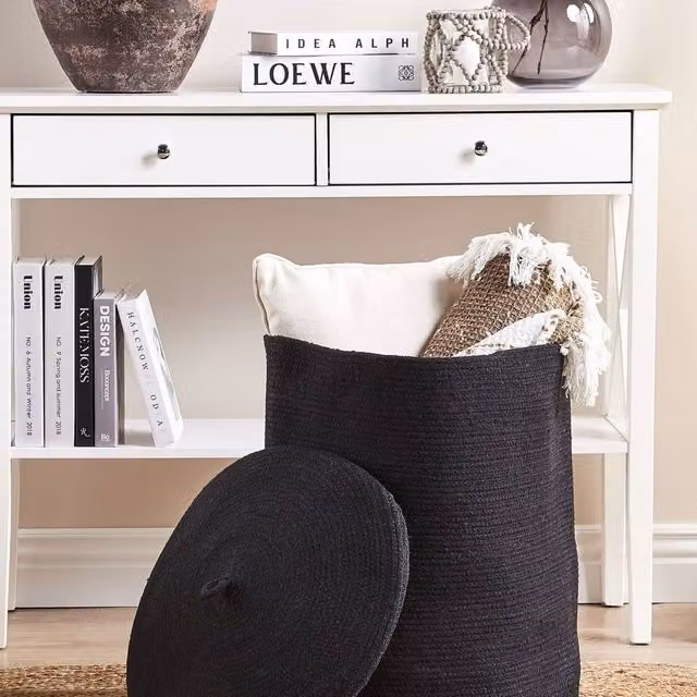 Wyld and Coco Black Cotton Round Storage Basket with Lid W: 44 cm, D: 44 cm, H: 52 cm