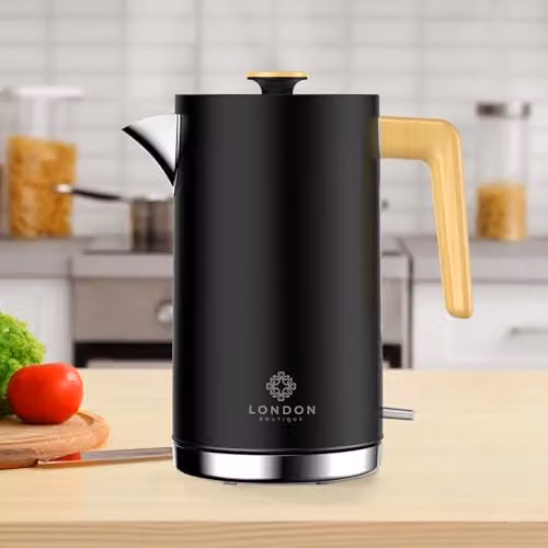 London Boutique 1.7L Electric Kettle in Matte Black, 2500W Fast Boil Cordless Stainless Steel Kettle with Wood Effect Handle, Strix Controller, Auto Shut-Off and Limescale Filter