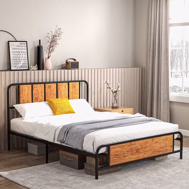 HOMCOM Industrial Metal Bed Frame with Headboard and Slats, Brown, W: 180 cm, D: 200 cm