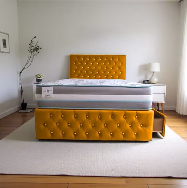 Knight Sleep Delaware Plush Super King Bed with Mattress, Headboard and 2 Drawers in Mustard Yellow – 1