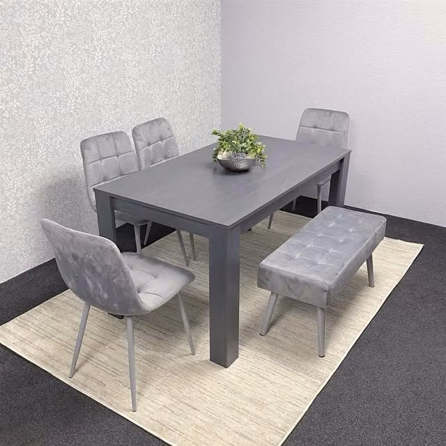KOSY KOALA Modern Dining Set with Rectangular Table, 4 Grey Velvet Chairs and Bench in Brown and Grey
