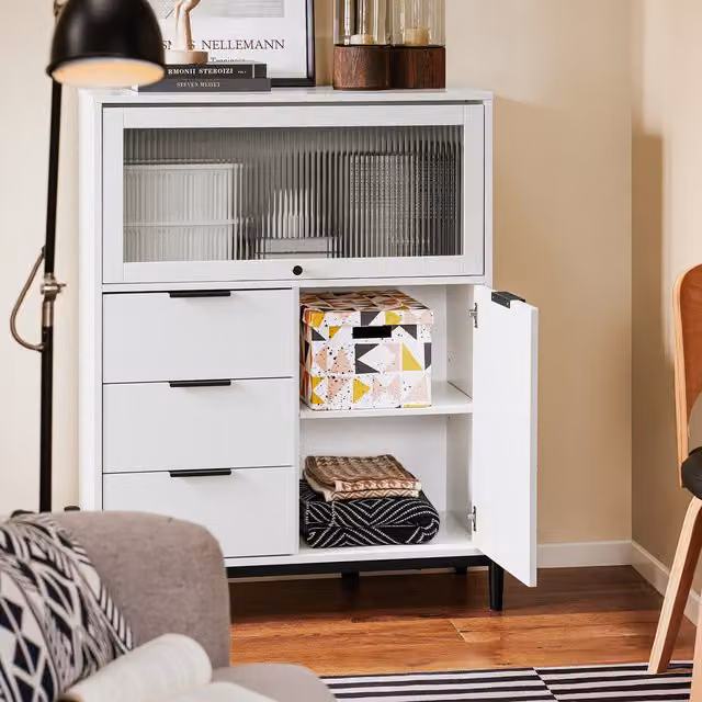 SoBuy Modern White Display Cabinet with Glass Doors and 3 Internal Drawers