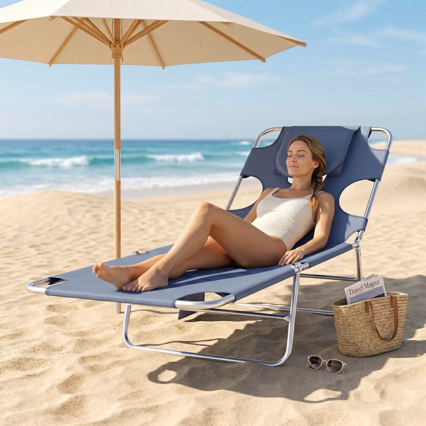 Outsunny Grey Beach Chaise Lounge with Face Hole and Arm Slots, 5-Position Reclining Portable Sun Lounger – 7