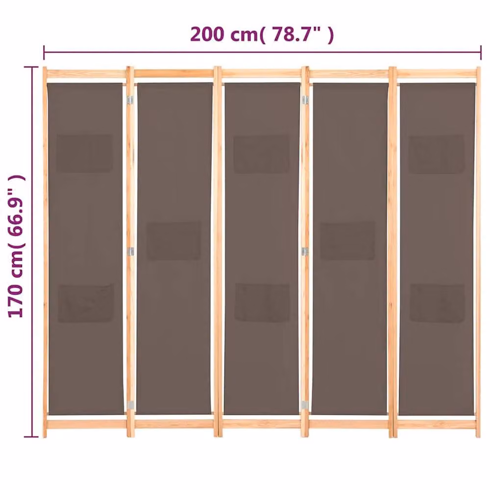 Berkfield Home 5-Panel Fabric Room Divider in Brown, W/H/D: 200 x 170 x 4 cm – 5