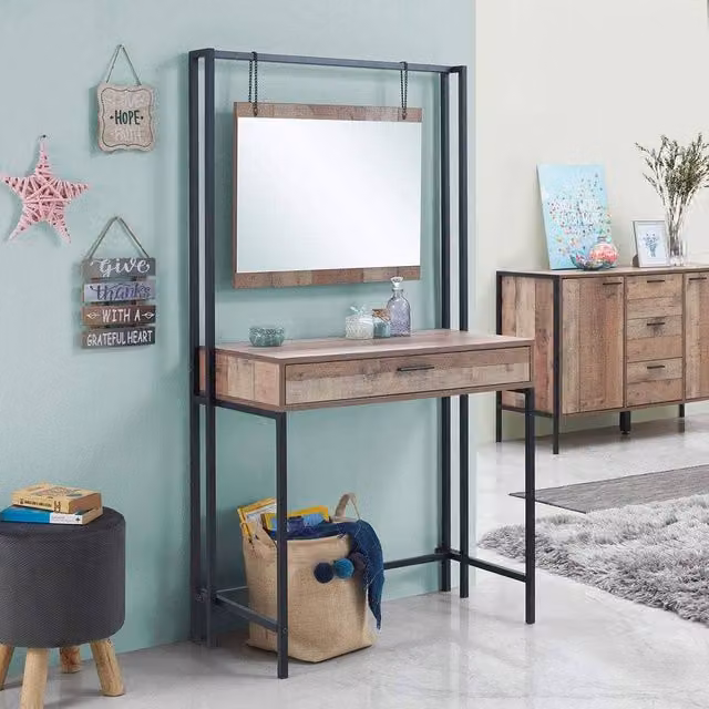 Timber Art Design Stretton Bedroom Dressing Vanity Makeup Table with Mirror and Drawer in Rustic Oak Brown, W: 150 cm, D: 40 cm, H: 84 cm – 1
