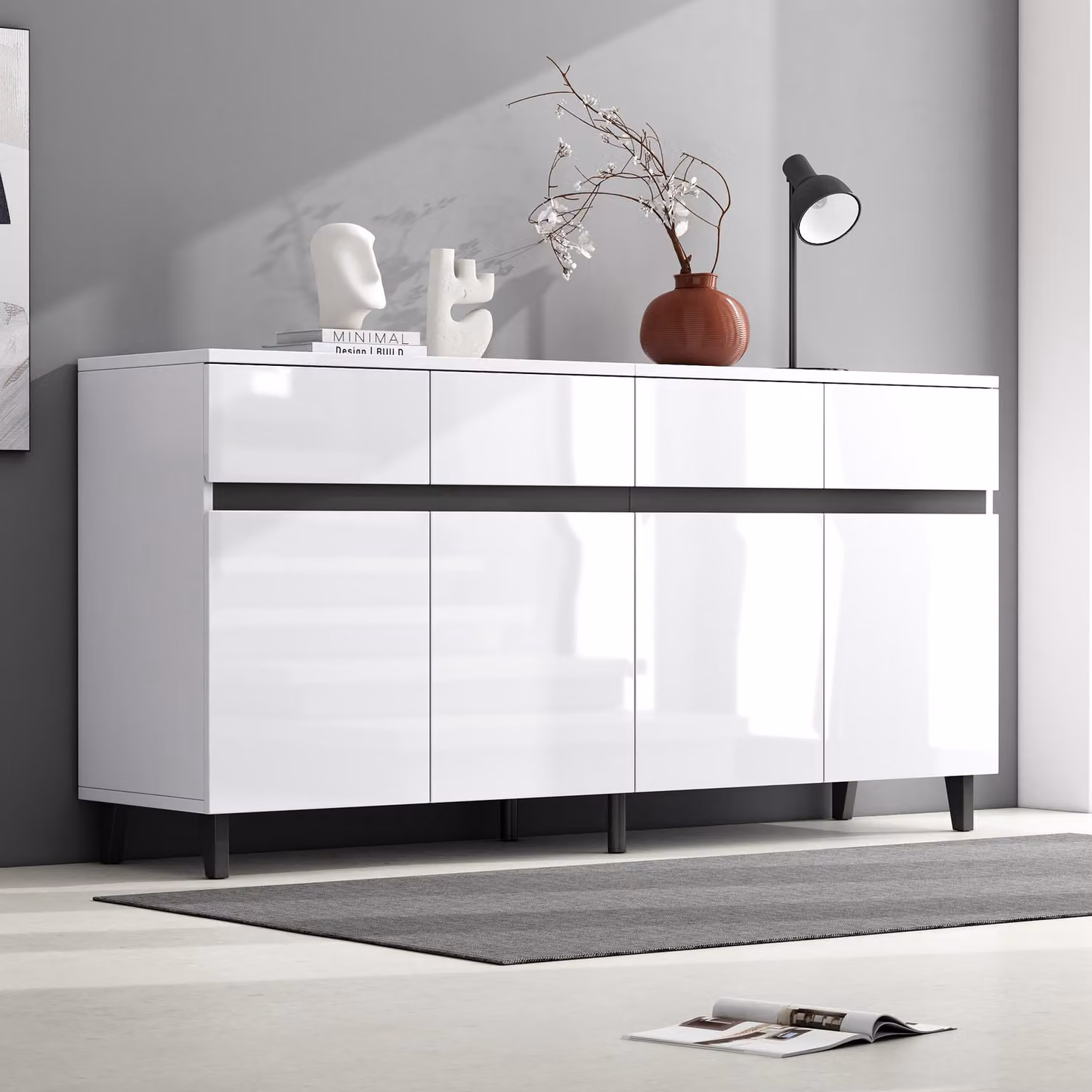 Aosom UK High-Gloss White Storage Cabinet Sideboard with 4 Doors, 4 Drawers, Adjustable Shelves and Soft-close Hinges, W: 160 cm, D: 40 cm, H: 68 cm – 4