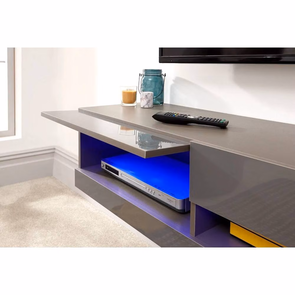 FORGEVIO Minimalist Wall Mounted Grey Glossy TV Unit with Integrated LED Lighting and Media Compartments, Width: 120 cm – 3
