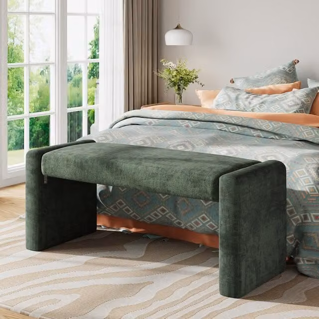 Komore Modern Upholstered Velvet Bench in Green with Wood Frame