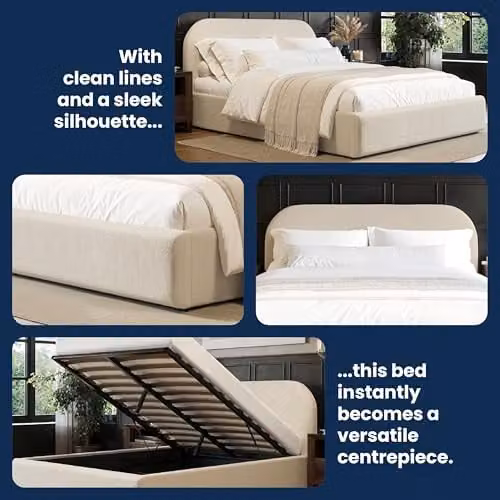 Flair Furnishings Alba Ottoman Bed, King Size Upholstered Bed Frame with Storage and Curved Headboard, Beige Boucle Fabric, W/D/H: 180 x 200 x 165 cm – 6