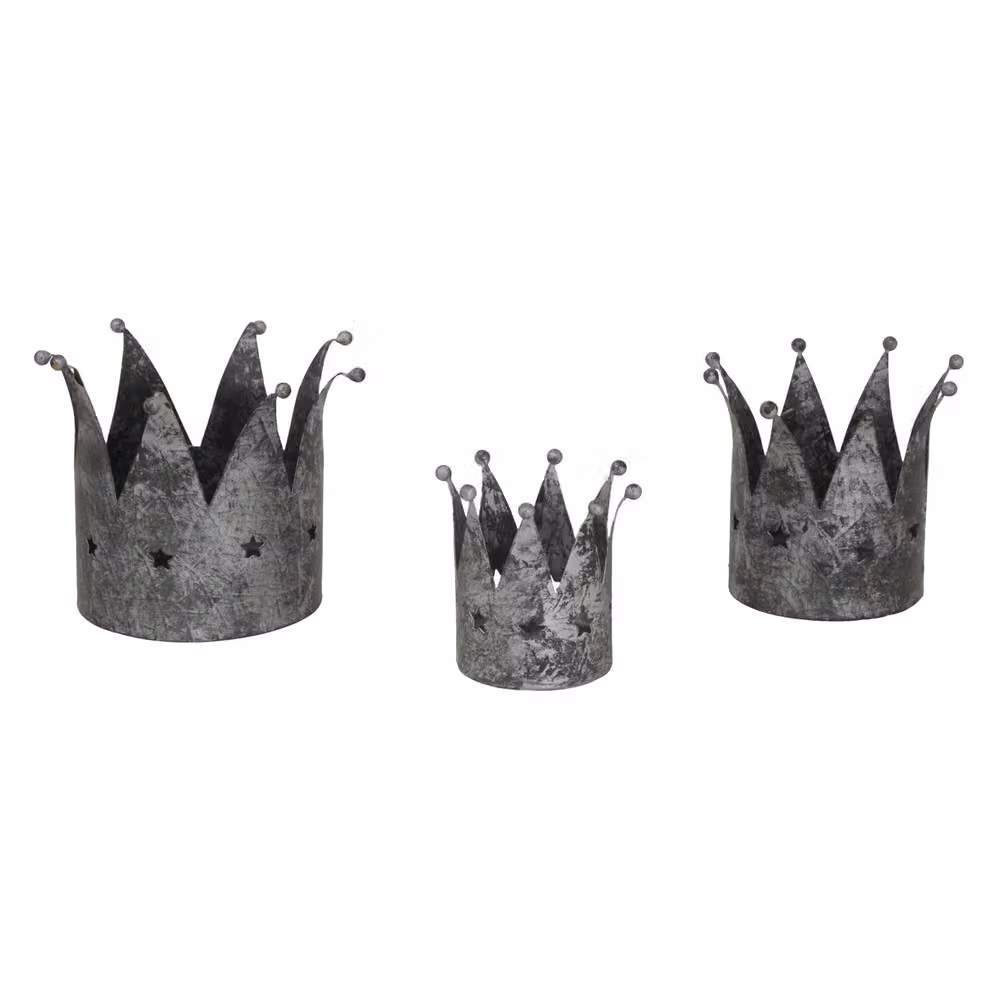 Hill Interiors Antique Crown Silver Metal Pillar Candle Holder – 3