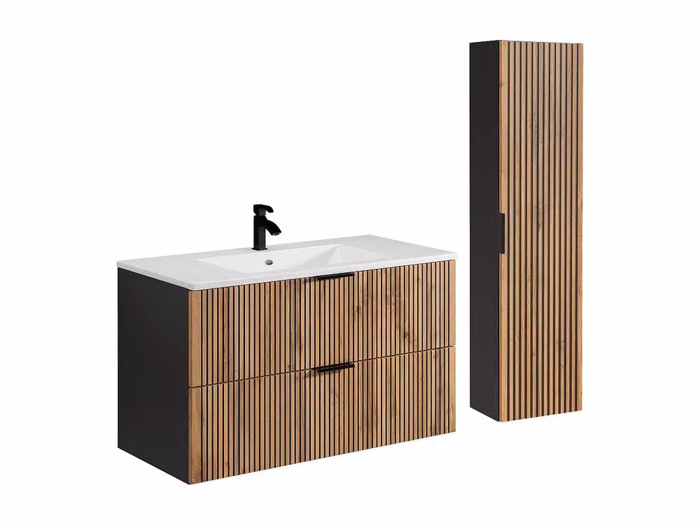 Vente-unique Ribbed Bathroom Cabinet with Inset Ceramic Basin and Tall Cabinet in Black – 2