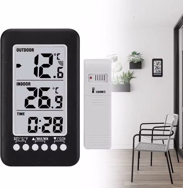 FLAVORA LCD Digital Wireless Indoor/Outdoor Thermometer, Black, W: 100 cm, H: 15 cm
