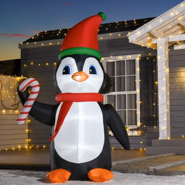 HOMCOM 8ft Inflatable Christmas Penguin Holding Candy Cane with Built-in LED, Black
