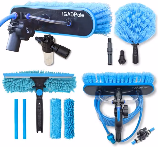 IGADPole Window Cleaning Attachment Set with Blue Microfibre Water-Fed Brush, Squeegee and Cobweb Duster