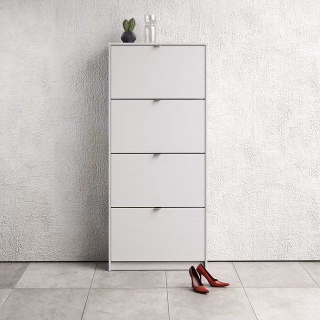 Furniture To Go Modern White Matt 2-Layer Shoe Cabinet with 4 Tilting Flip Down Doors