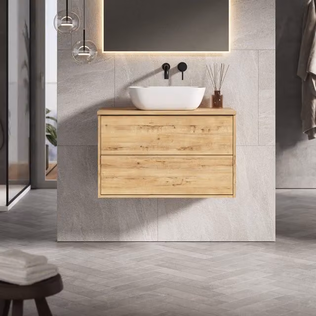 Banyetti Venti 800mm Wall Hung Vanity Unit with Matching Worktop in Ostippo Light Oak – 1