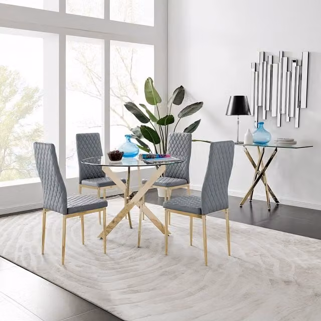 FurnitureboxUK Novara Round Glass Dining Table with 4 Milan Chairs in Grey and Gold