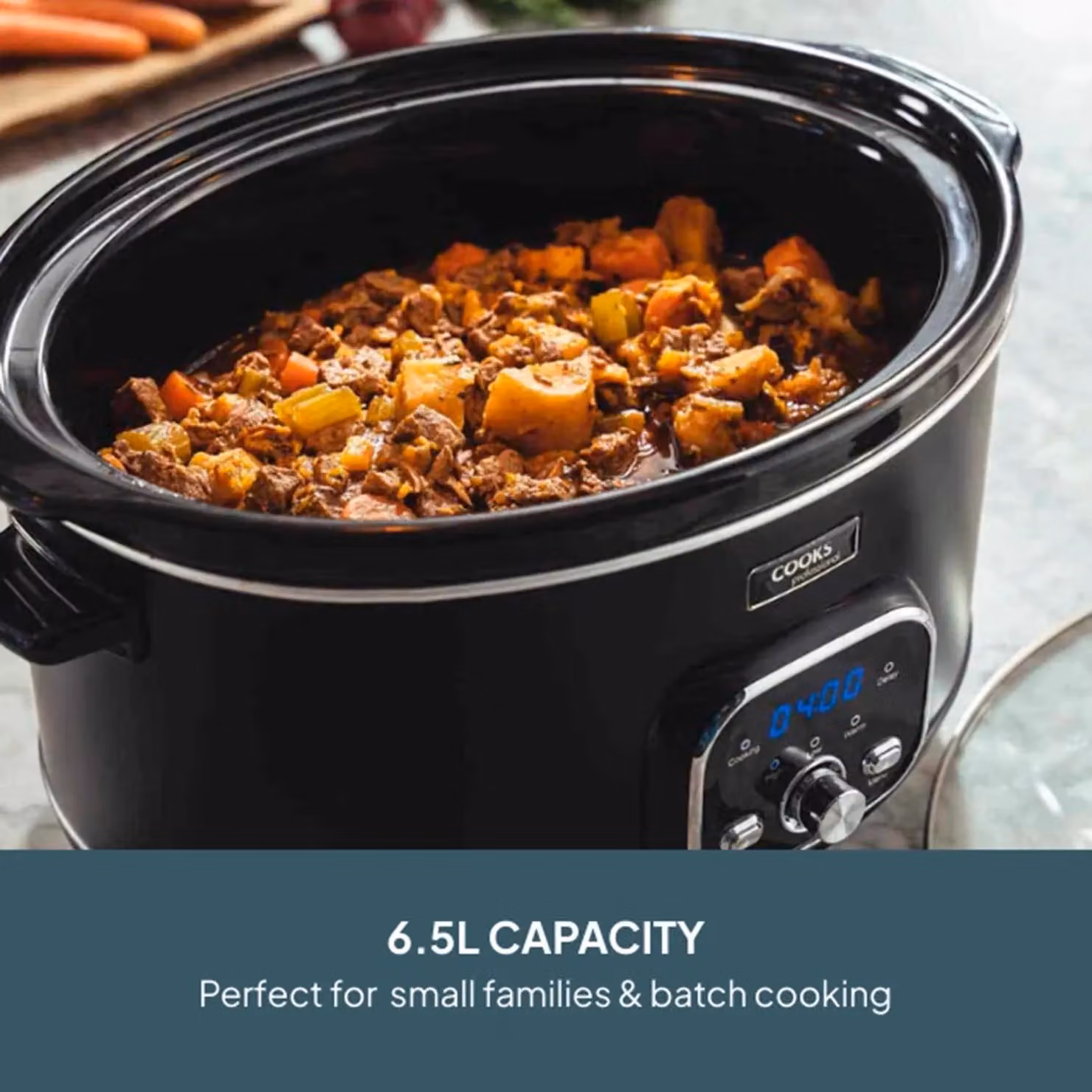 Cooks Professional 6.5L Digital Slow Cooker in Black and Gold with Removable Ceramic Bowl, Lid and Timer – 3