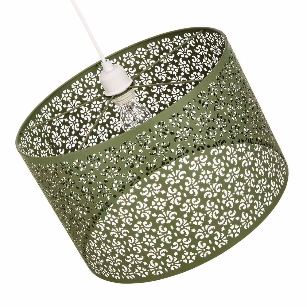 Happy Homewares Moroccan Designed Large Olive Green Metal Pendant Shade with Floral Decor, Diameter: 40 cm – 2