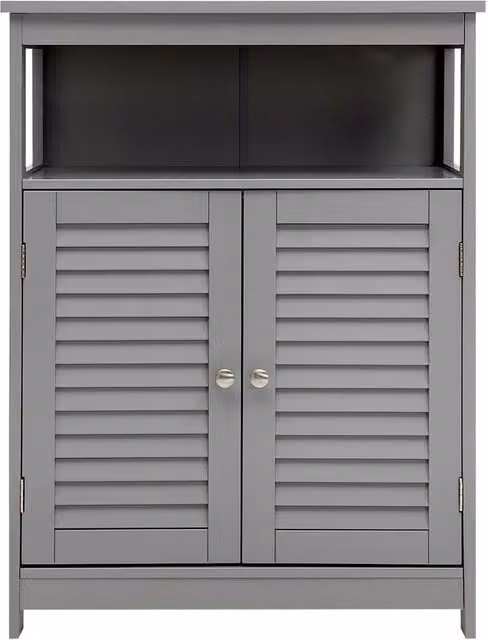 Costway Modern Grey Wooden Freestanding Bathroom Floor Cabinet with Adjustable Internal Shelves and Hinged Doors – 1