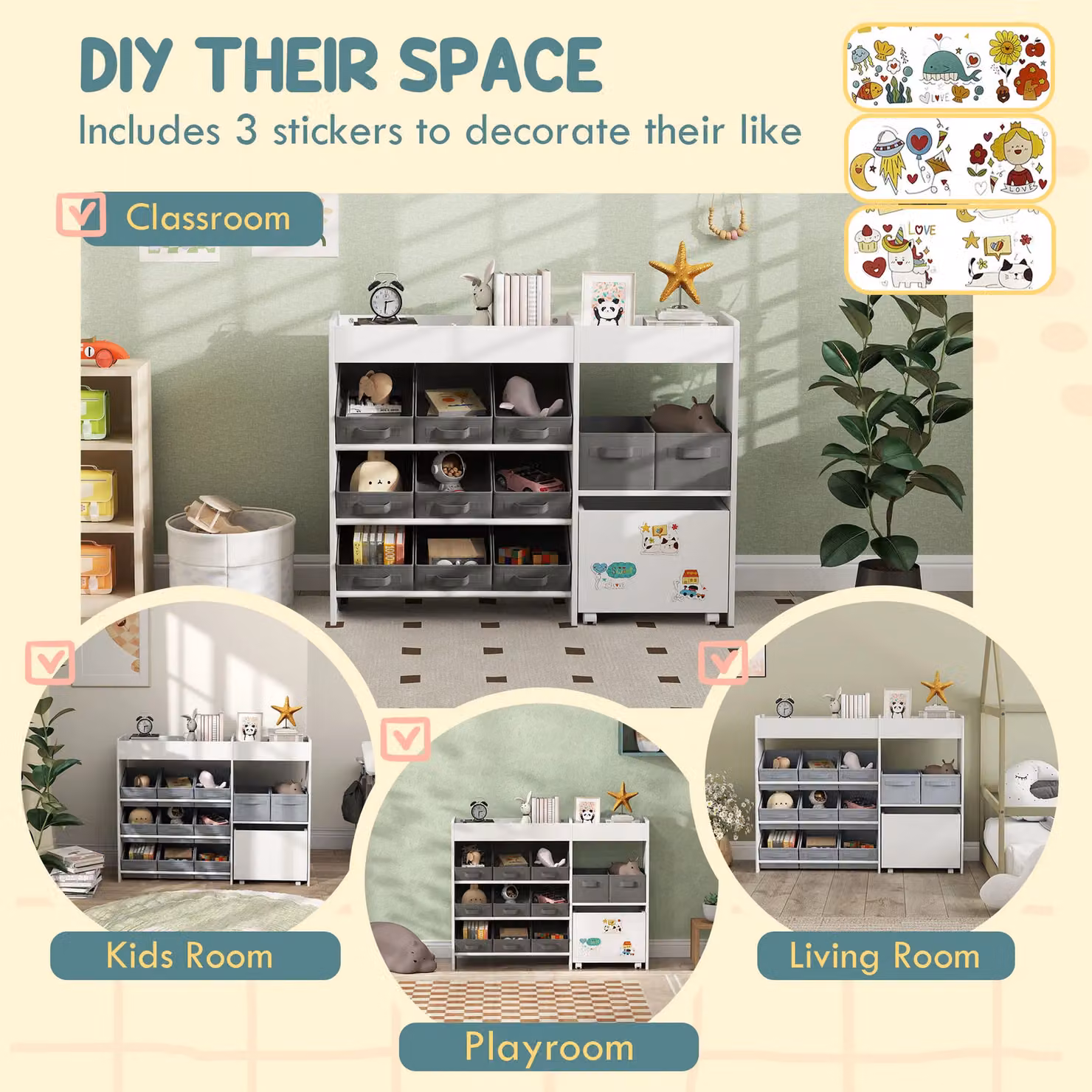 AIYAPLAY Kids Toy Storage Unit with 11 Fabric Bins and 3 Stickers in White – 4
