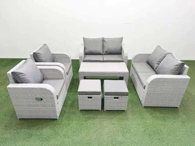 Fimous 8 Seater Rattan Garden Furniture Set in Light Grey with Reclining Chairs, Sofas, Coffee Table and Ottomans