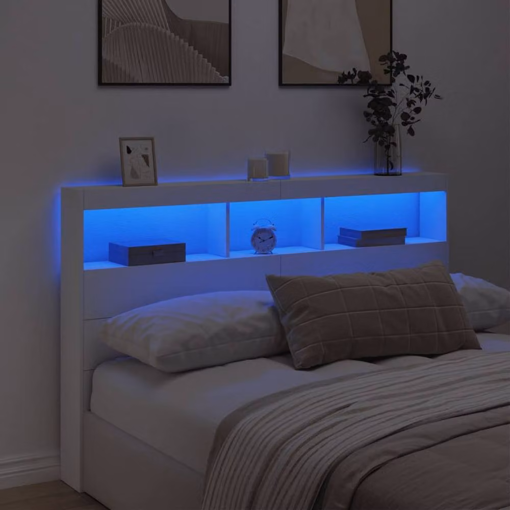 Berkfield Home Modern White Headboard Cabinet with Integrated LED Lighting and USB Charging Port, W/D/H: 160 x 17 x 102 cm – 3