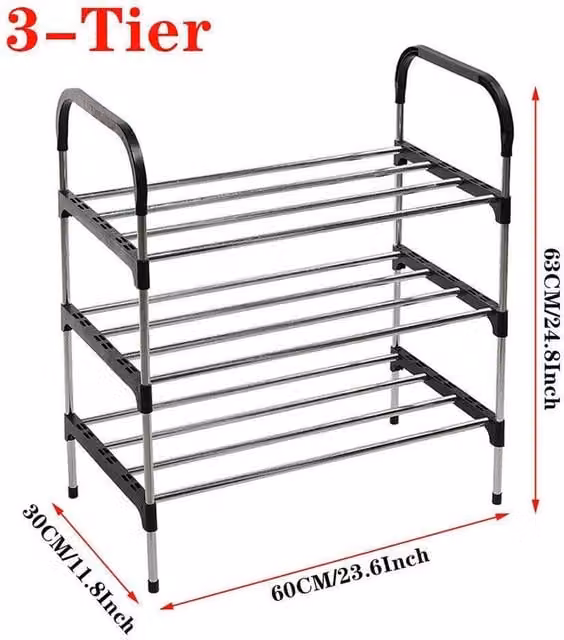 PAWNORA 3-Tier Black Metal Shoe Rack Stand with Adjustable Shelves