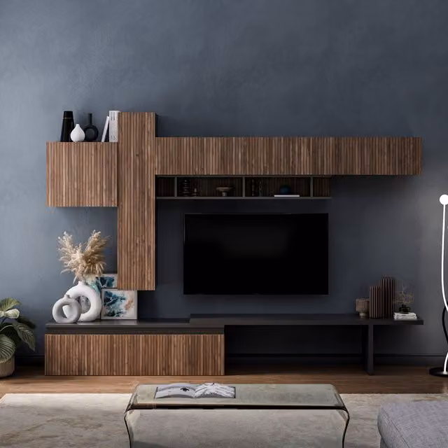 Decorotika Aosta Wall Mounted Modern Entertainment Center in Black and Brown with Geometric Pattern