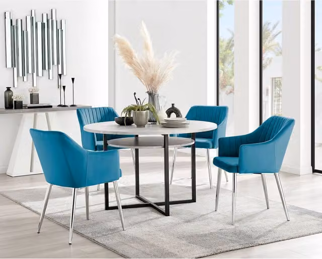 Furniturebox Adley Blue Round Concrete Effect Storage Dining Table and 4 Calla Silver Leg Velvet Chairs