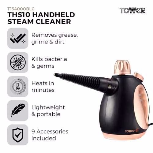 Tower Handheld Steam Cleaner with 9 Accessories, 1050W, 250ml Water Tank, Black and Gold – 2
