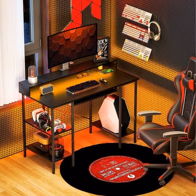 HOMCOM Industrial Computer Desk with LED Lights and Power Outlet in Black