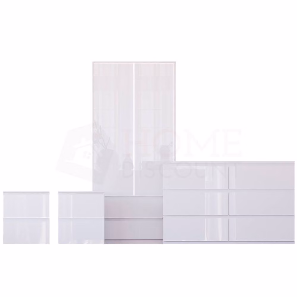 Vida Designs Glinton 4 Piece White Glossy Bedroom Set Including Wardrobe, 6 Drawer Chest and 2 Bedside Tables – 2